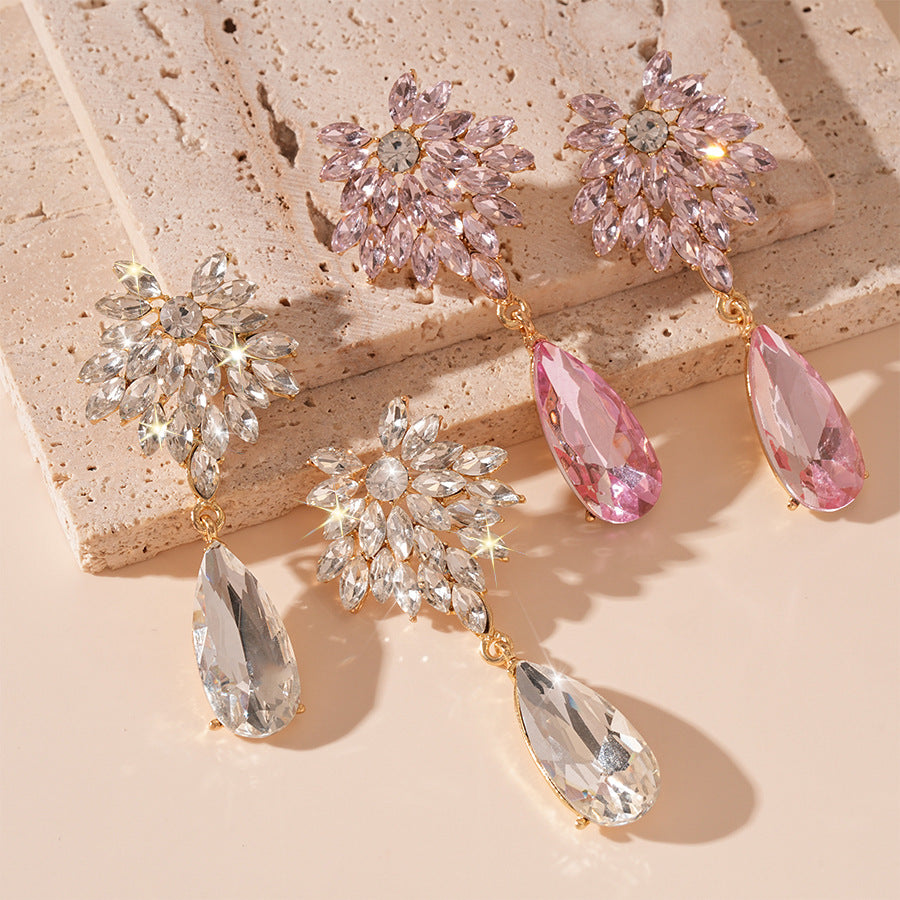 Wholesale Light Luxury Diamond Water Drop Flower Silver Pin Earrings