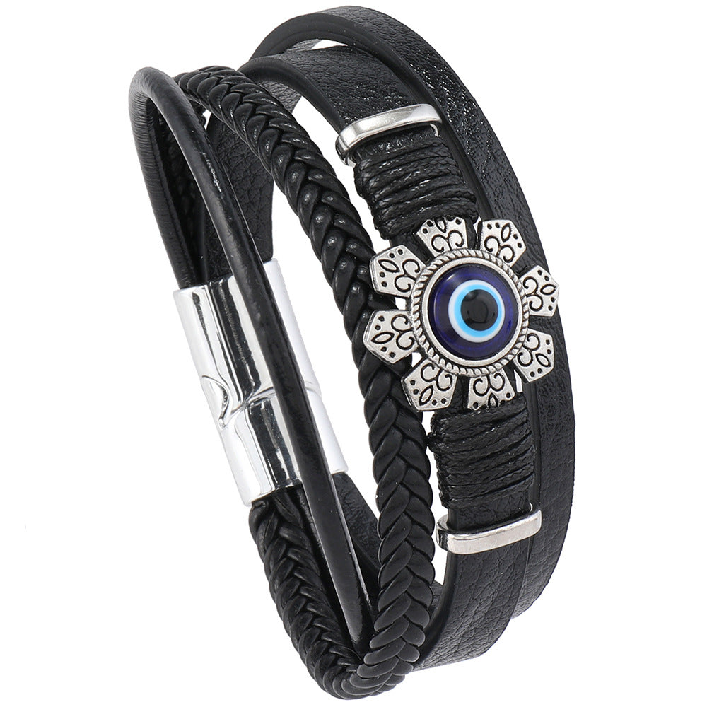 Wholesale Leather multi-layered floral evil eye bracelet