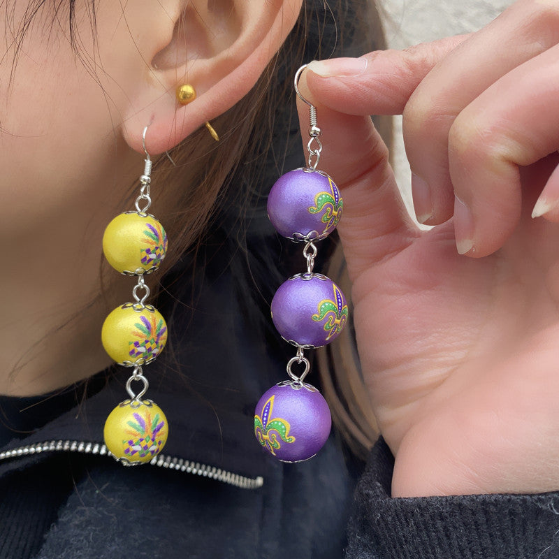 Wholesale Mardi Gras Earrings Purple Yellow Green Tricolor Beaded Long Earrings