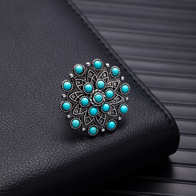Wholesale Retro Bohemian Silver Flower Imitation Turquoise Ring - Fashion Accessory for Boutique Resale