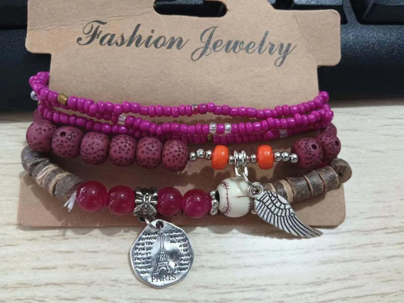 Wholesale colorful bohemian ethnic style multi-layer elastic rice beads bracelet