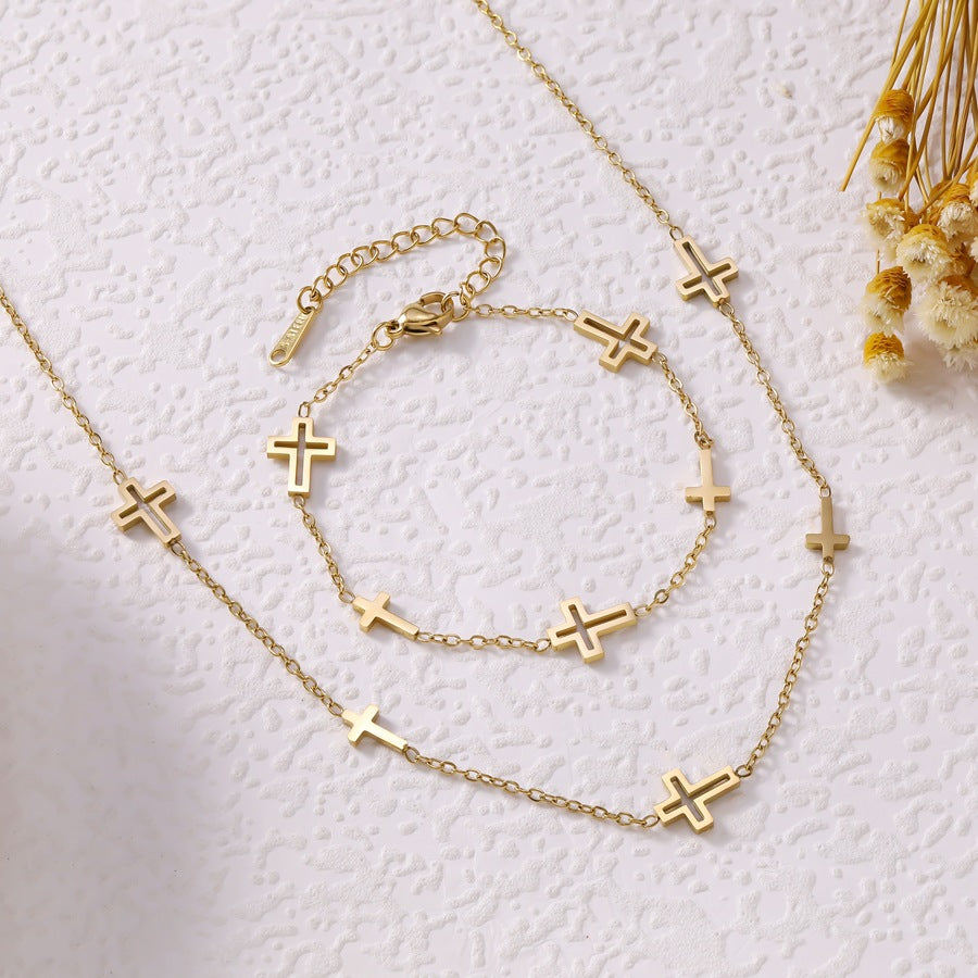Wholesale Titanium Steel Hollow Cross Pendant Bracelet and Necklace Set Fashion Accessory Everyday Wear