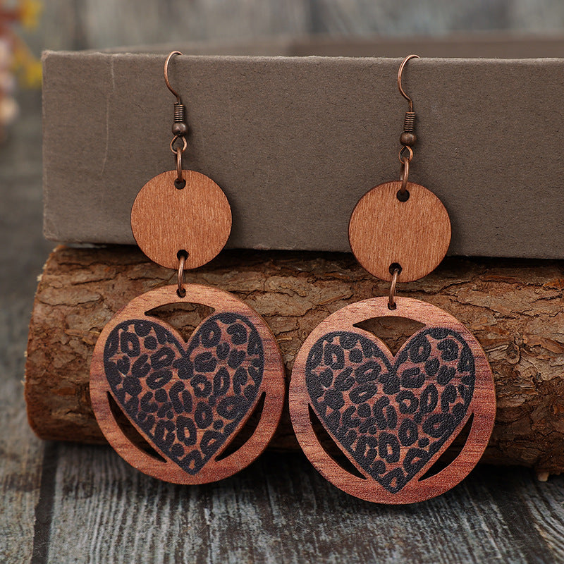 Wholesale Wood Women' s Earrings Leopard Print Hollow Love Design Boutique Resale