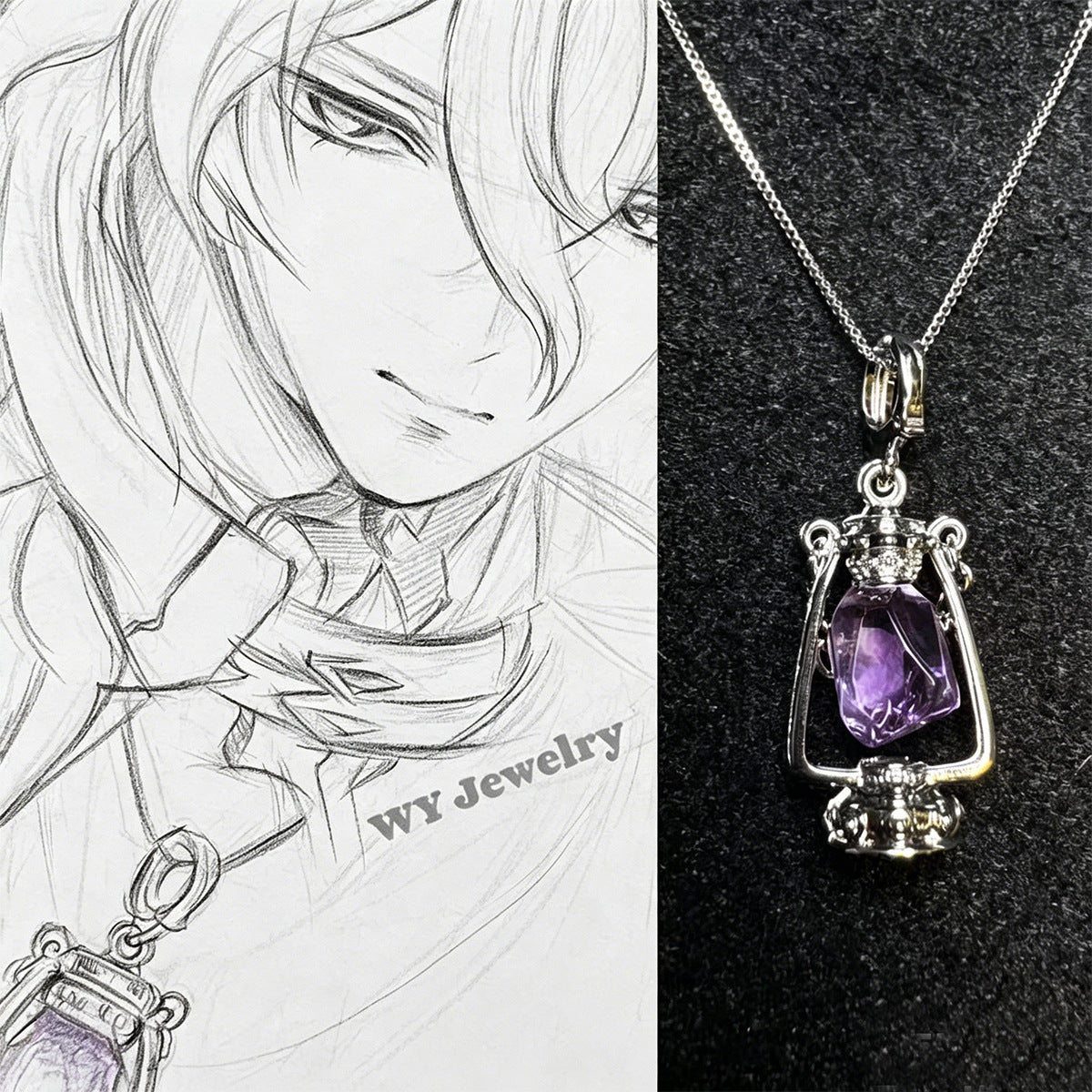 Wholesale Vintage Lantern Pendant Necklace Natural Amethyst Women  Retro Jewelry Gift