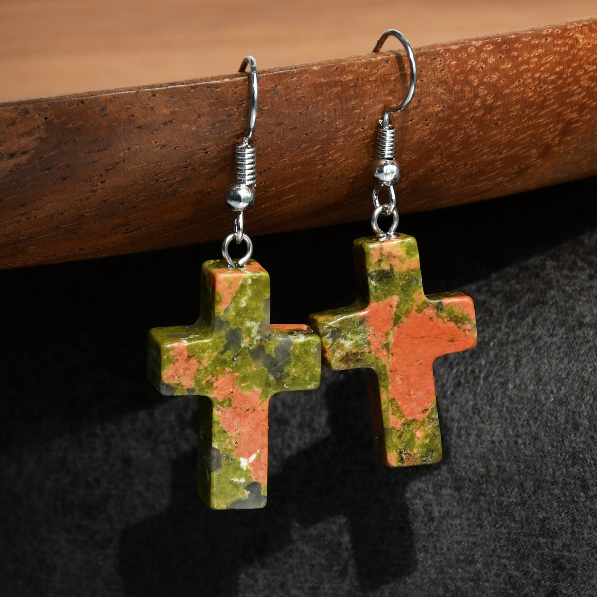 Wholesale Green Aventurine Cross Pendant Earrings Retro Style Handmade Fashion Accessory for Women Gift