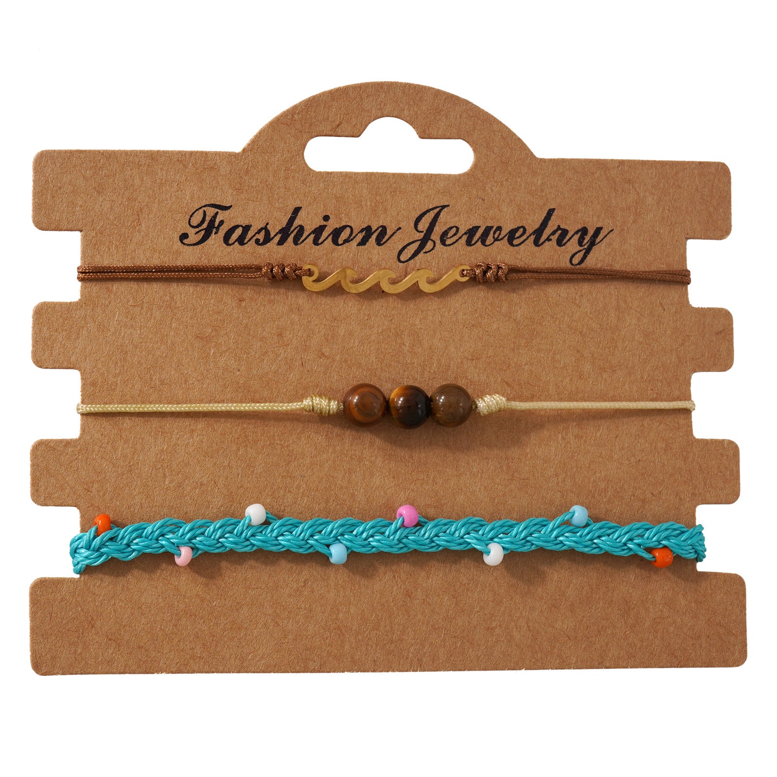 Wholesale Chic Handmade Woven Tiger Eye Stone Layered Bracelet Stainless Steel Wave Charm Blue Summer Beach Jewelry Accessory