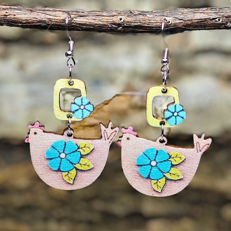 Wholesale Cute hen and chick stitching pendant wooden double-sided earrings