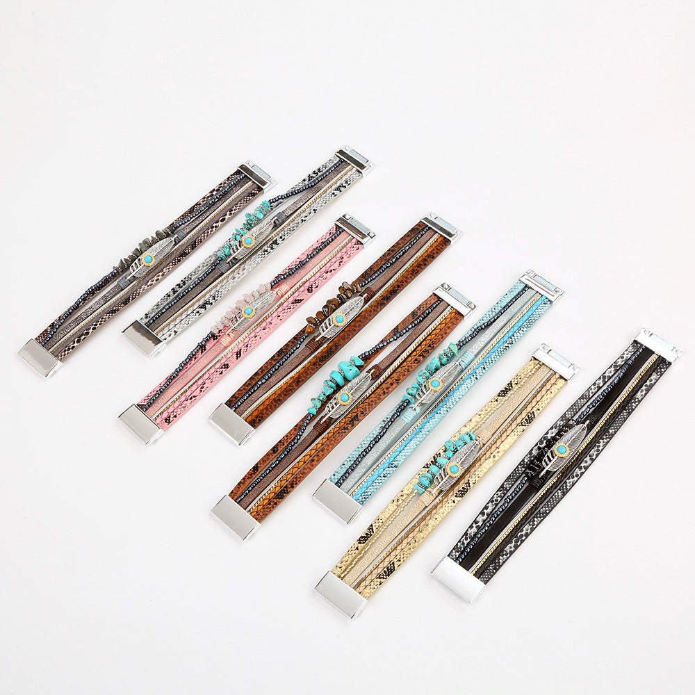 Wholesale Creative Vintage Boho Gravel Feather Leather Bracelet Bohemian ACC-BT-Hongx008