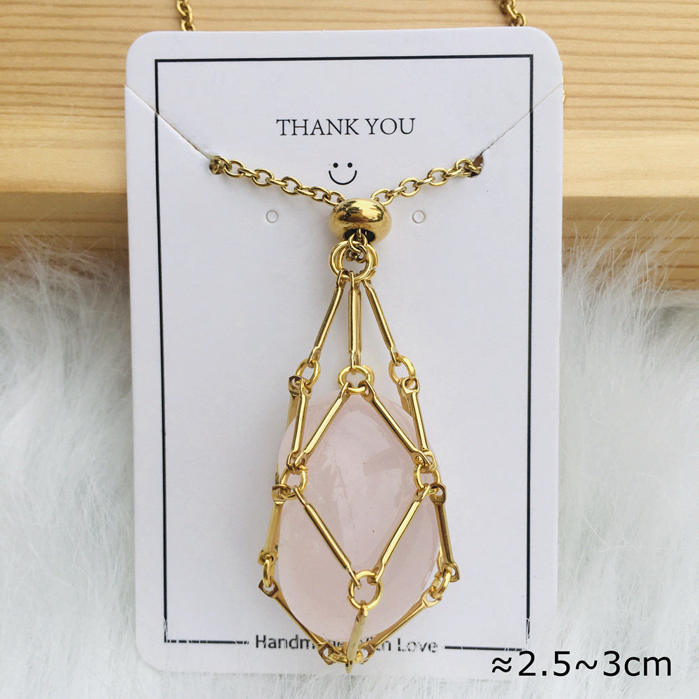 Wholesale 18K Gold Natural Crystal Raw Stone Net Pocket Metal Bamboo Necklace Crystal Mesh Bag ACC-NE-RongGuan010