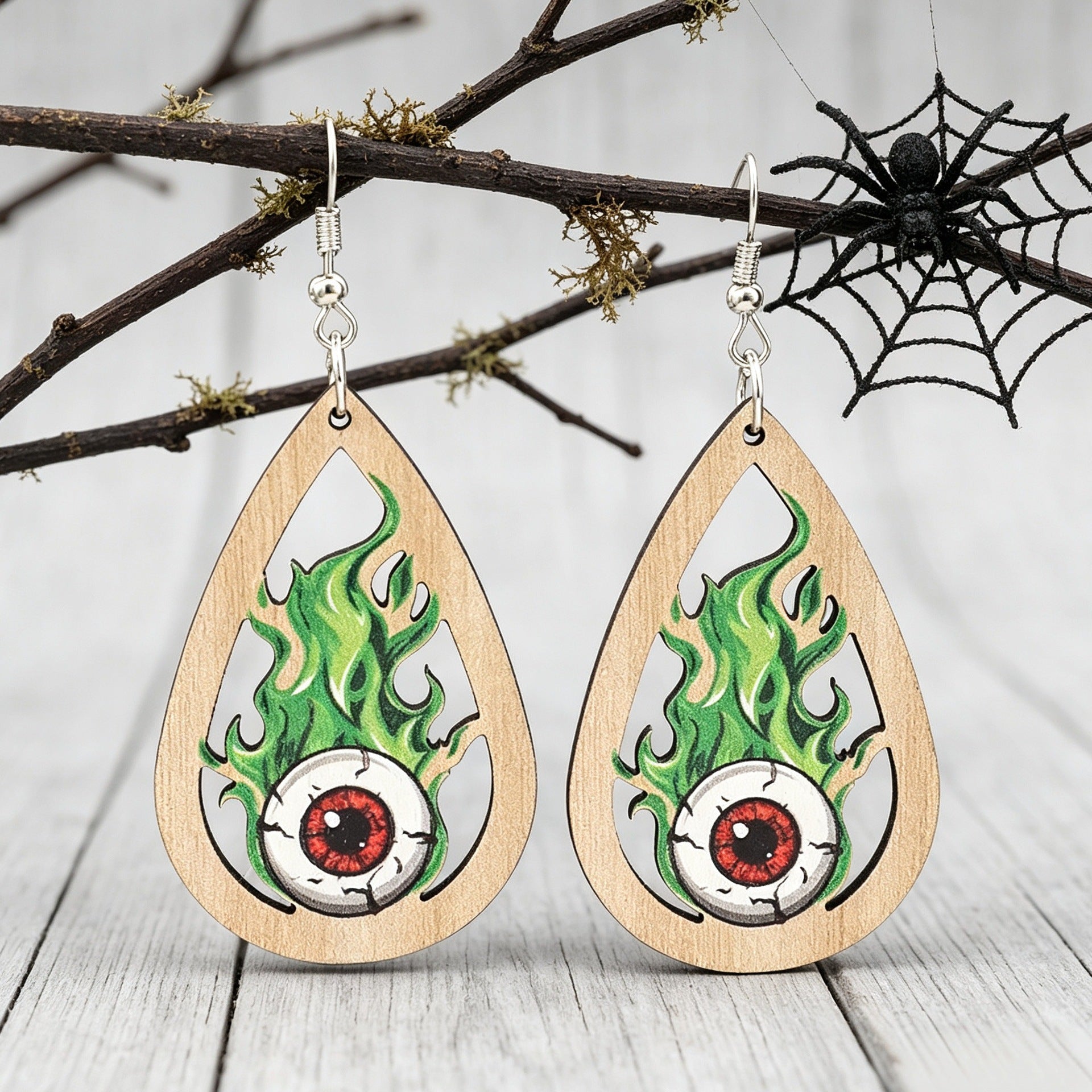 Wholesale  Teardrop Ghost Eye Wooden Earrings Green Flame Print Dangle Jewelry Chic Gift For Boutique Resale