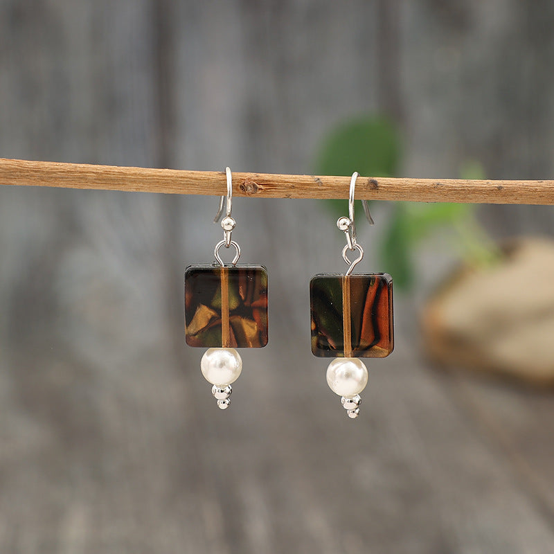 Wholesale  Retro Compact Square Spliced Pearl Acrylic Bohemian Earrings
