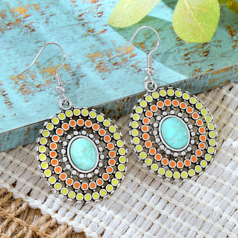 Wholesale Alloy Retro Ethnic Turquoise Bohemian Geometric Oil Drip Earrings Jewelry Accessory