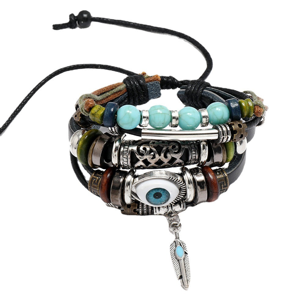 Wholesale Woven Leather Beaded Bracelet With Alloy Feather Pendant Unisex Party Fashion Jewelry Accessory For Gift Giving