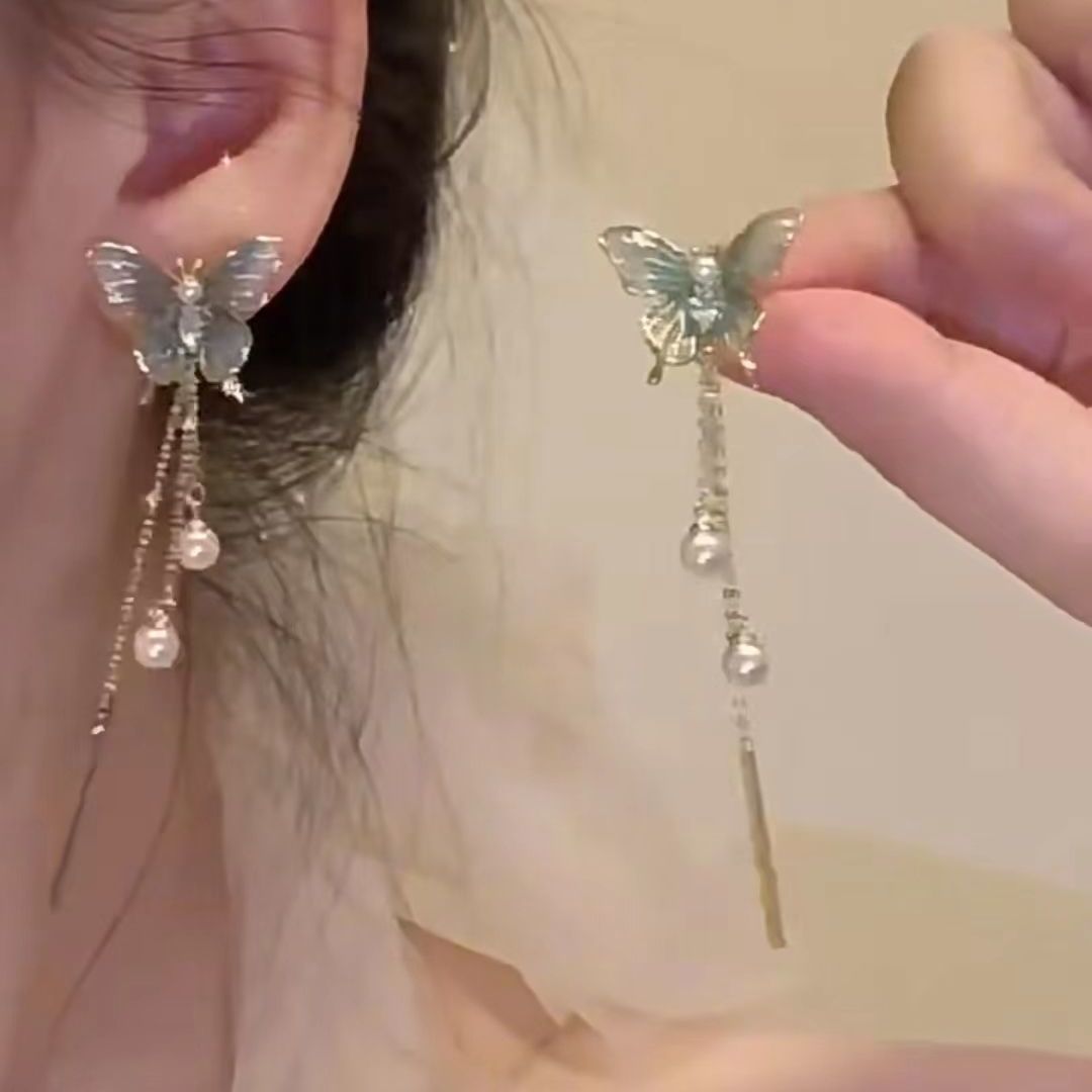 Wholesale blue grey gradient metal butterfly pearl tassel earrings