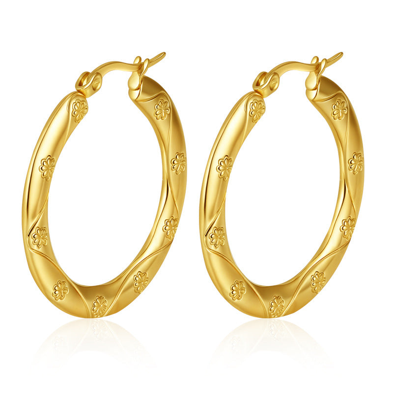 Wholesale Embossed Round Earrings Stainless Steel Gold Plated Everyday Wear Jewelry Accessory