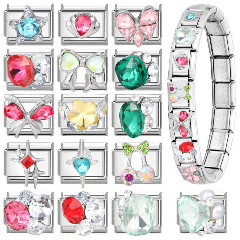 Wholesale Colorful Diamond Butterfly Heart Pendant Stainless Steel DIY Bracelet Accessories European American Style Jewelry for Party Gift