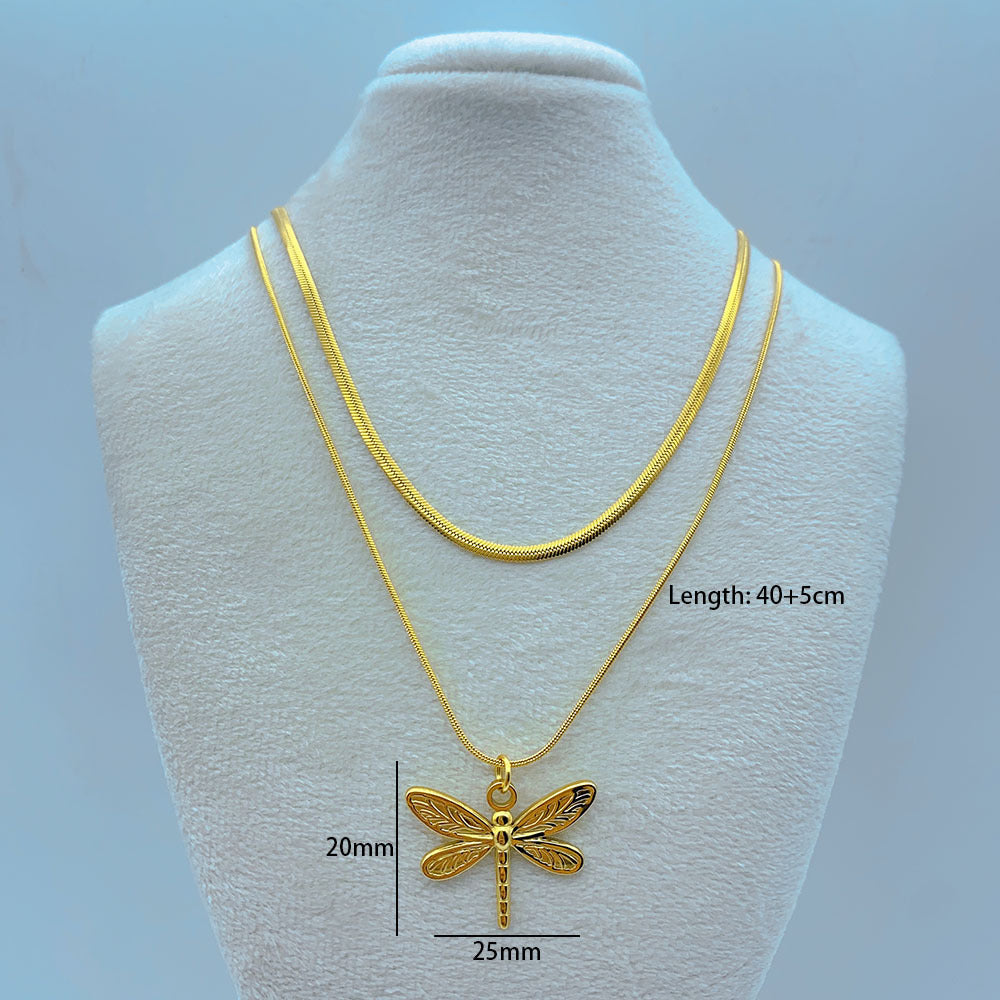 Wholesale Butterfly Dragonfly Stacked Double Layer Stainless Steel Necklace Snake Bone Chain ACC-NE-Yazhi005