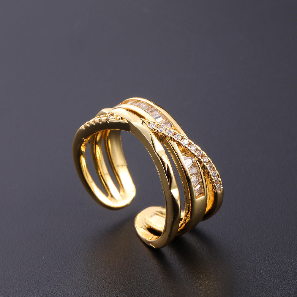 Wholesale European Fashion Sparkling Gold Plated Copper Zircon Open Ring Geometric Chic Jewelry Accessory Gift