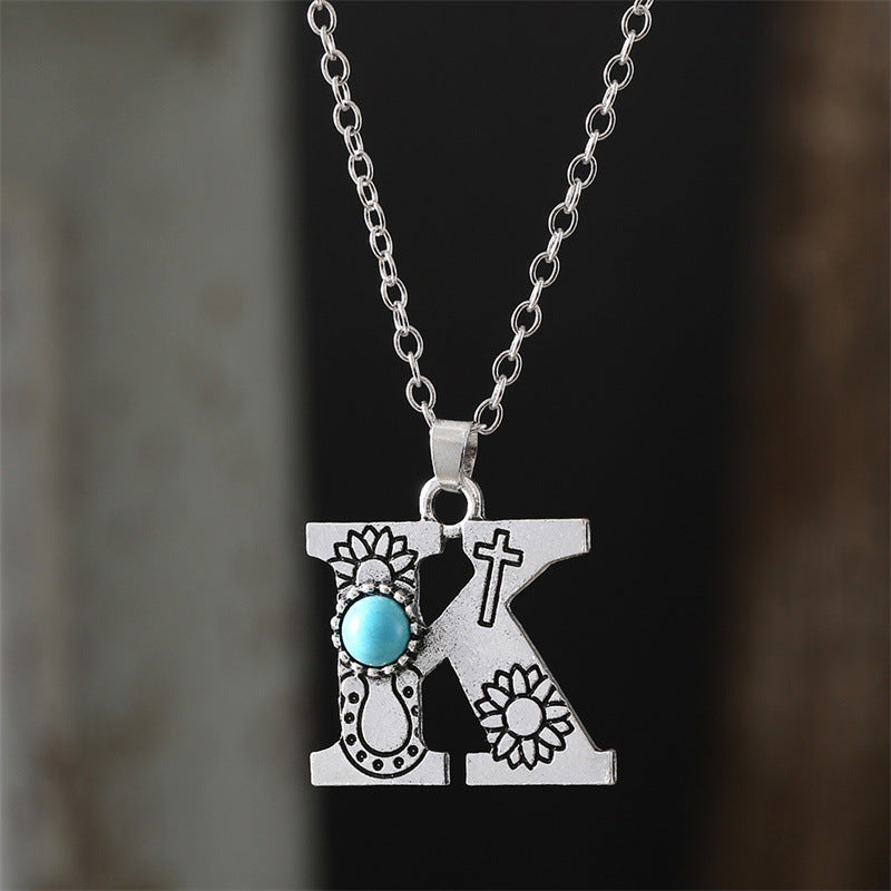Wholesale  Retro 26 English Letter Turquoise Necklace Clavicle Chain