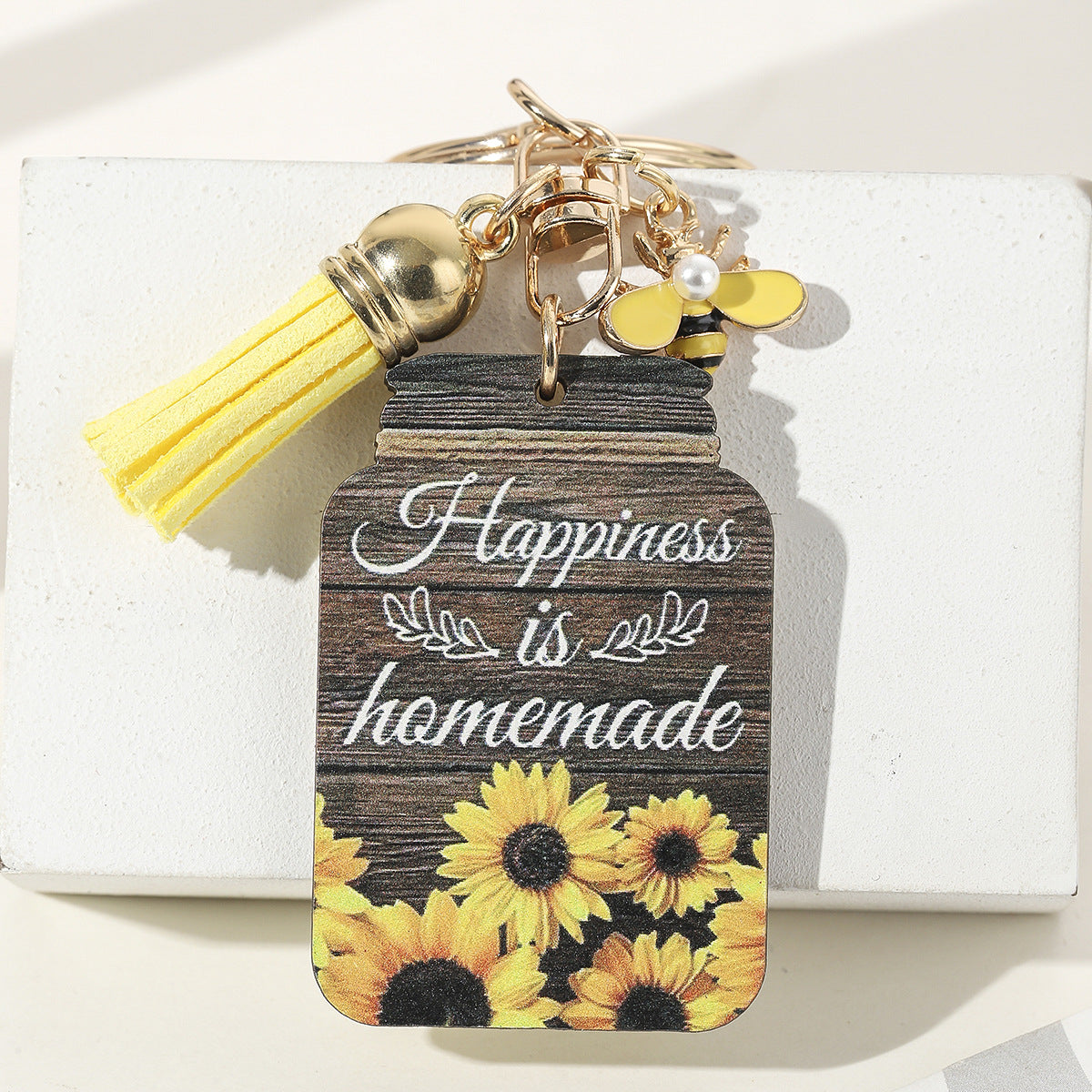 Wholesale New Wooden Sunflower Slogan Key Chain Bee Honey Pot Color Printed Pendant Key Chain Women's Men's Gift ACC-KC-HuiWen003