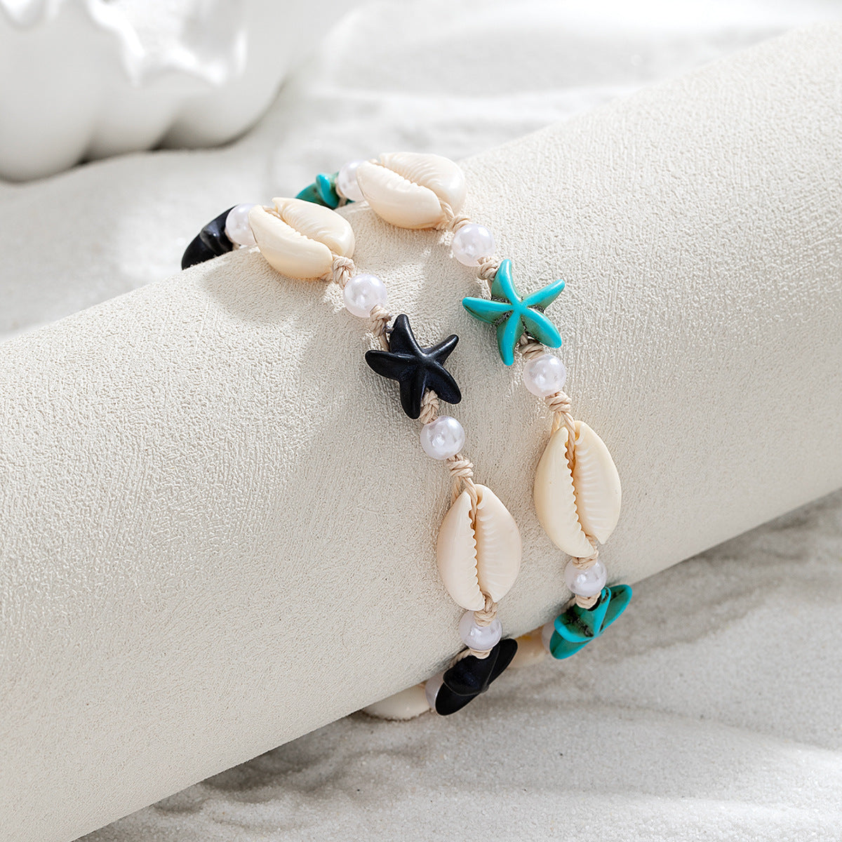 Wholesale Vintage style turquoise starfish shell pearl waterproof wax line adjustable anklet