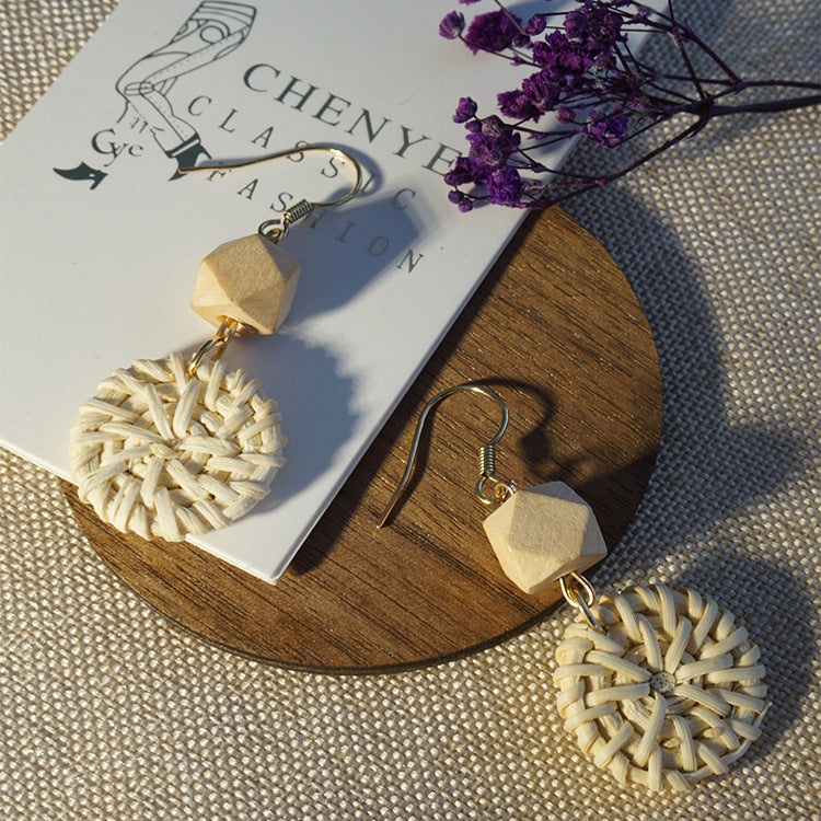 Wholesale Natural Rattan Round Earrings Beach Holiday Style ACC-ES-Jixuan005