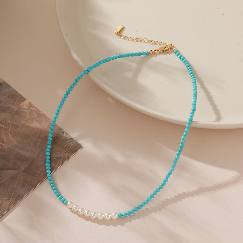Wholesale Cross-Border European and American Natural Turquoise Necklace for Women,  Light Luxury Niche Style,  Pearl Embellished Collarbone Chain,  Versatile and Fashionable