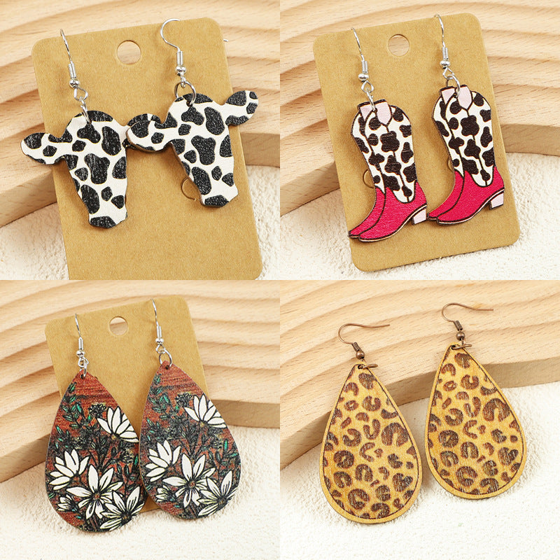 Wholesale Western Cowboy Style  Cow Pattern Boots Cow Head Leopard Print Flower Wooden Earrings