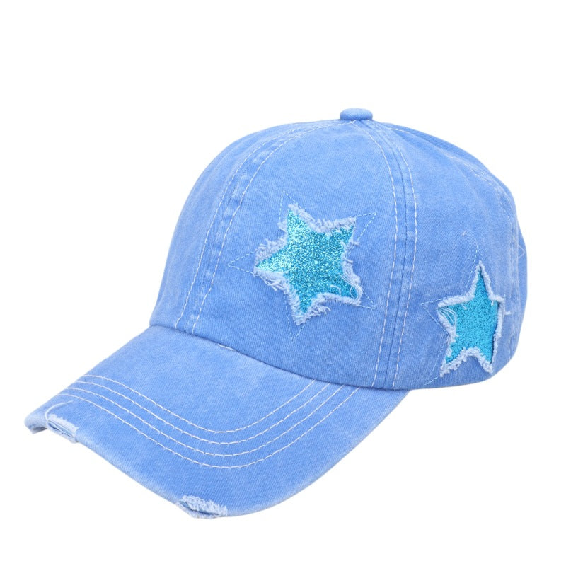 Wholesale  five-pointed star sequined ponytail ripped baseball cap