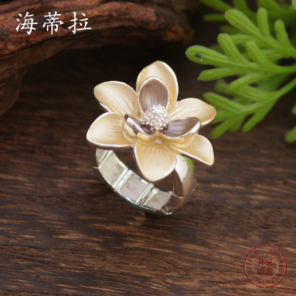 Wholesale  Color Oil Painting Camellia Flower Elastic Ring