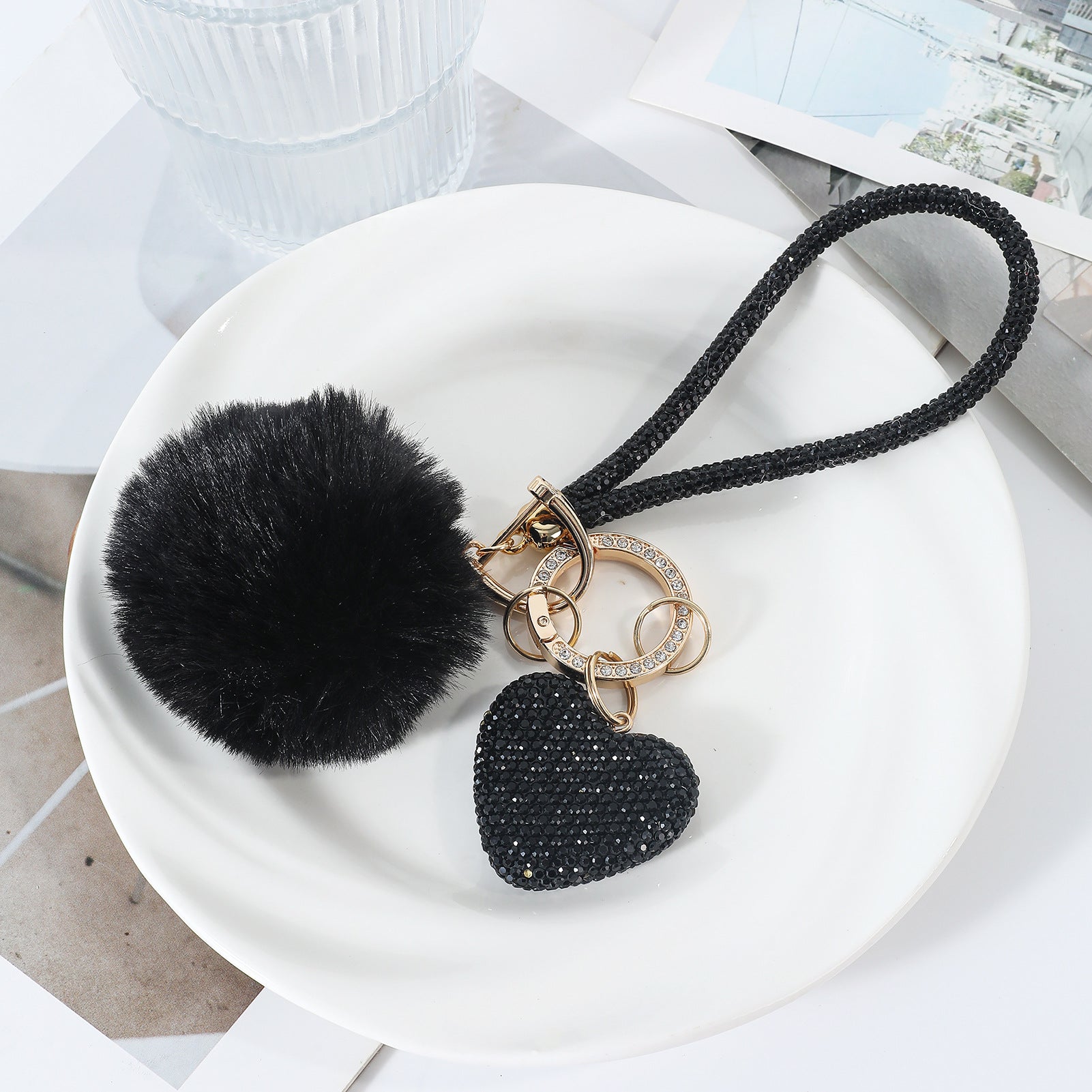 Wholesale Pom Pom Heart-shaped   rhinestone-encrusted keychain