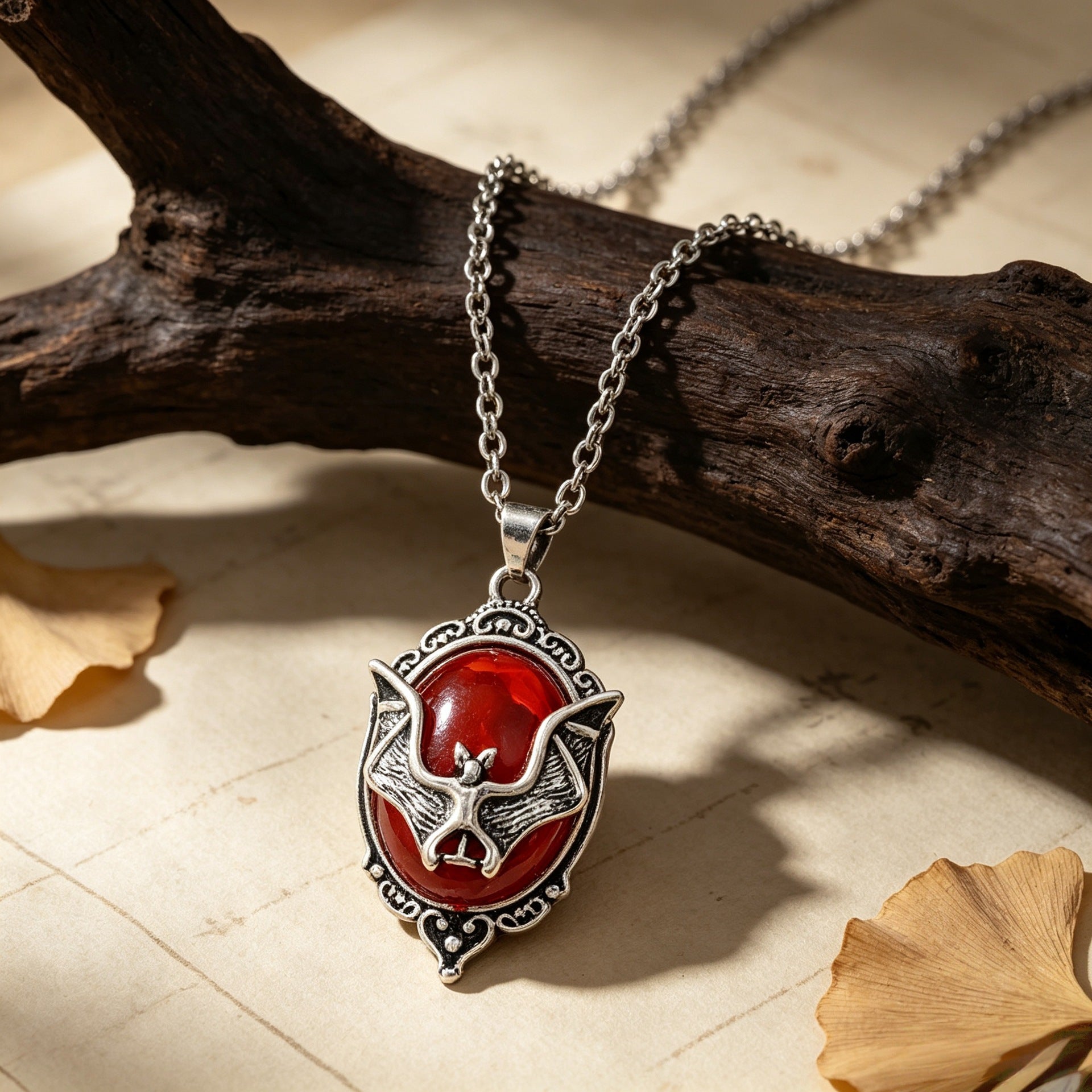 Wholesale Amazon Cross-Border Best-Selling  Gothic Style Necklace,  Vintage Carved Red Crystal Bat Personalized Pendant