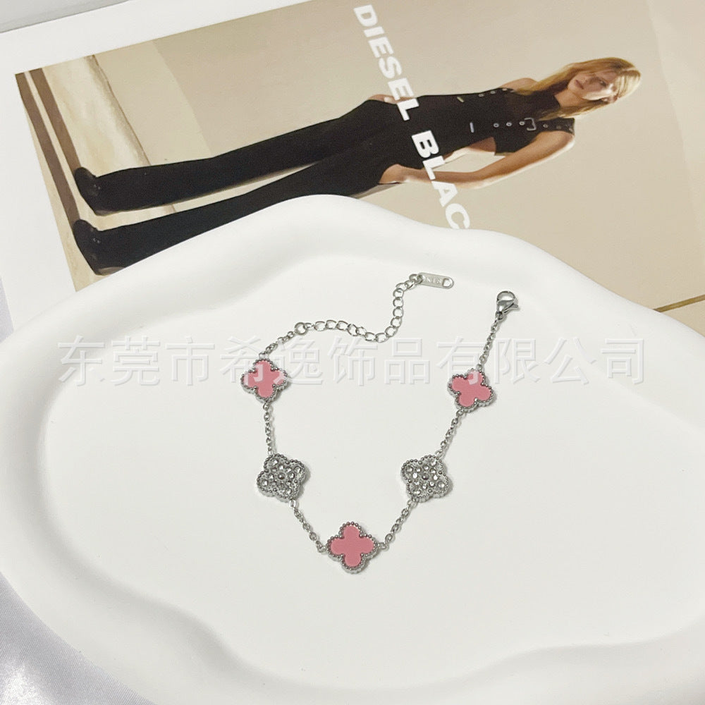 Wholesale Trendy Four-Leaf Clover Rhinestone Bracelet Titanium Steel Jewelry for Office Ladies Everyday Wear Gift