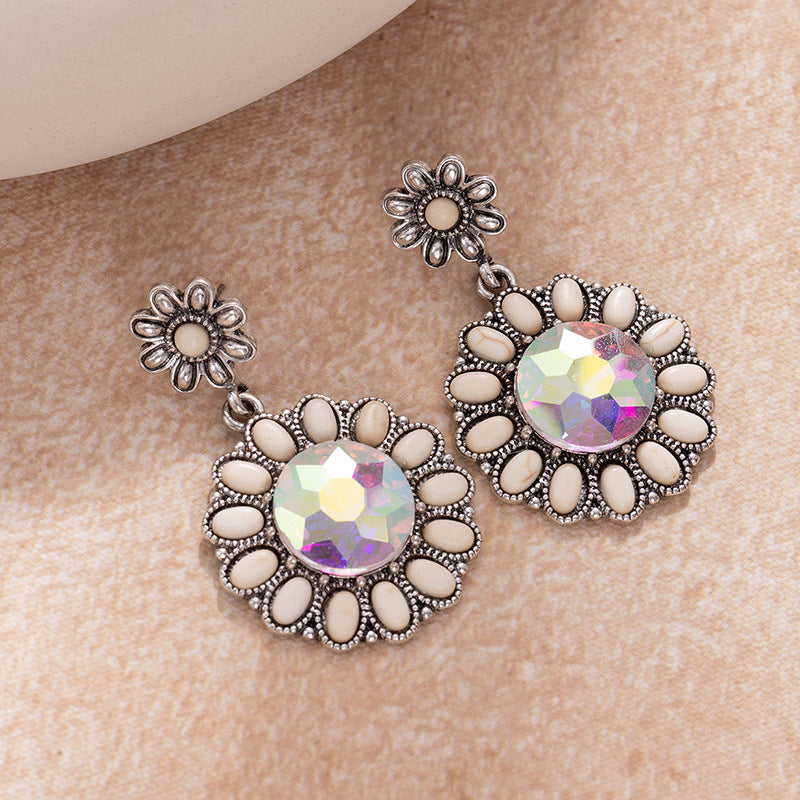 Wholesale Turquoise earrings retro western ethnic style alloy flower earrings