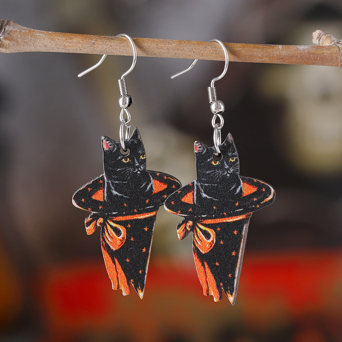 Wholesale Halloween Angel Kitten Black Cat Pendant Wood Earrings ACC-ES-ChuLian027