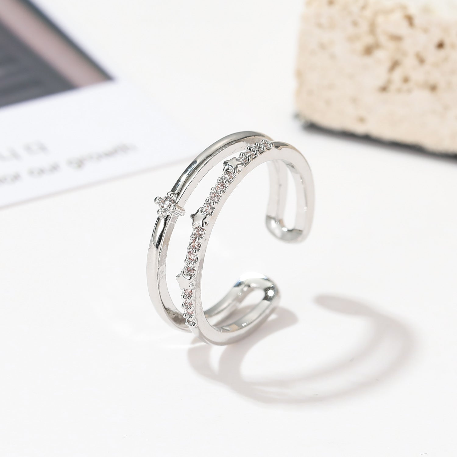 Wholesale women's double-layer minimalist zircon open adjustable stacked ring