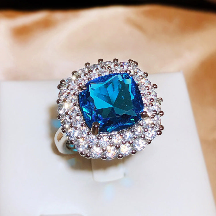 Wholesale  full diamond sapphire light luxury sea blue zircon female ring