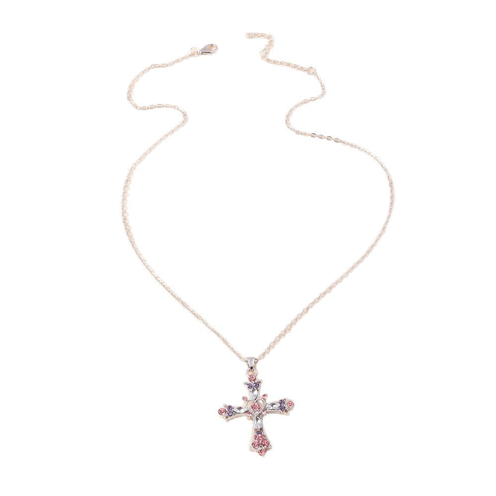 Wholesale  Versatile Sweet Heart Clavicle Chain  Rhinestone Cross Necklace