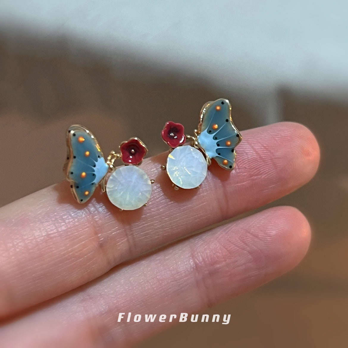 Wholesale oil painting enamel small butterfly s925 silver needle flower earrings