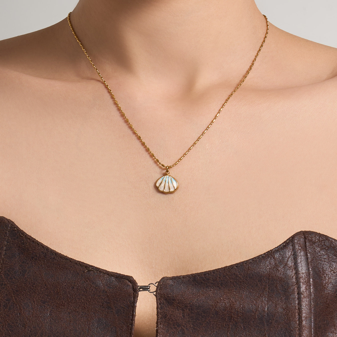 Wholesale Stainless Steel Collarbone Necklace with Shell,  Enamel,  and Faux Pearl Accents