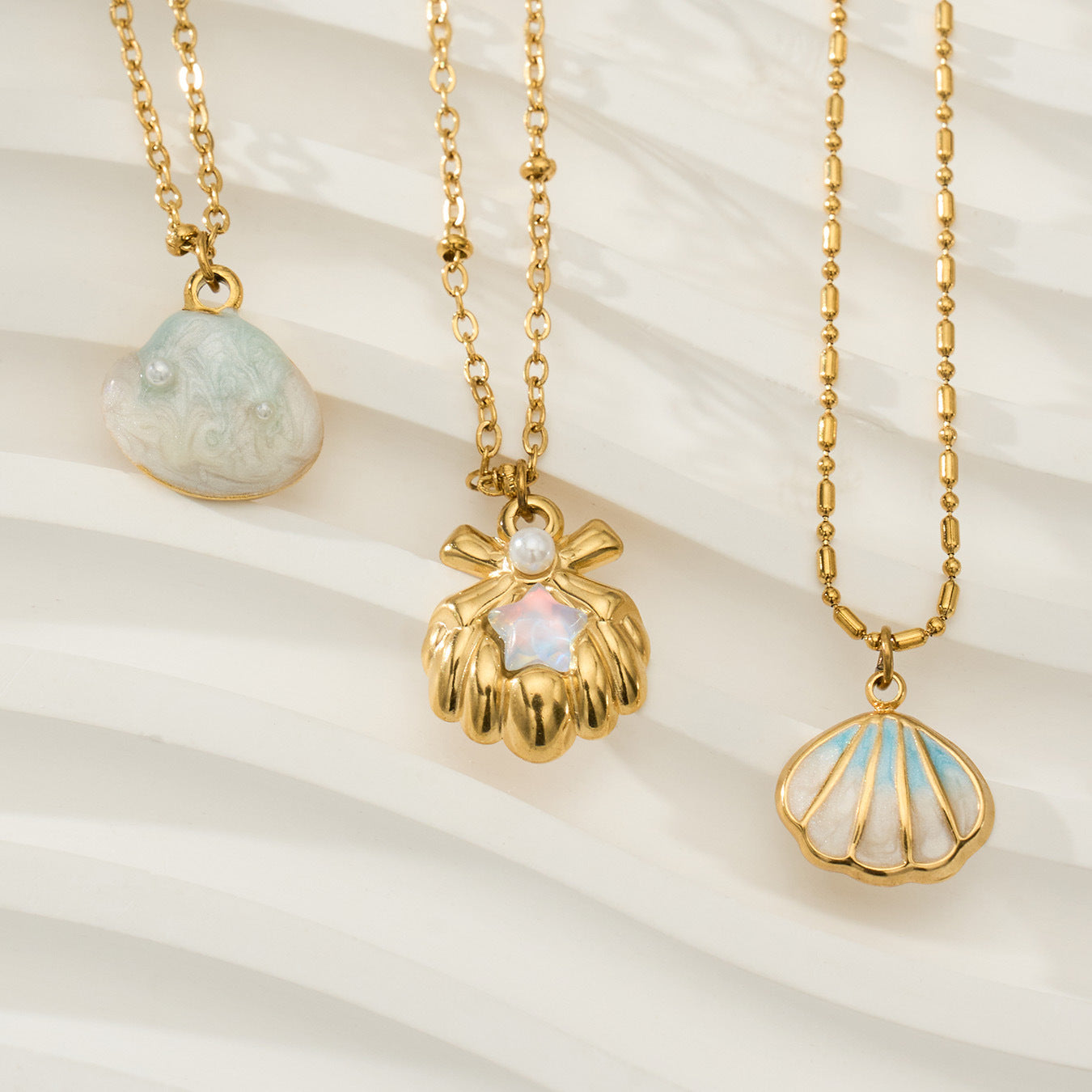 Wholesale Stainless Steel Collarbone Necklace with Shell,  Enamel,  and Faux Pearl Accents