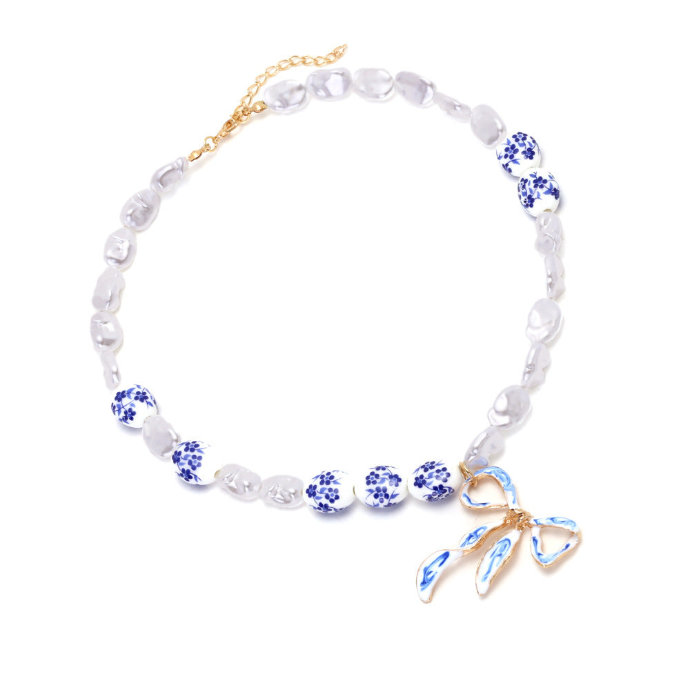 Wholesale Light Luxury Handmade Splicing  Pearl Oil Dripping Bow Pendant Necklace