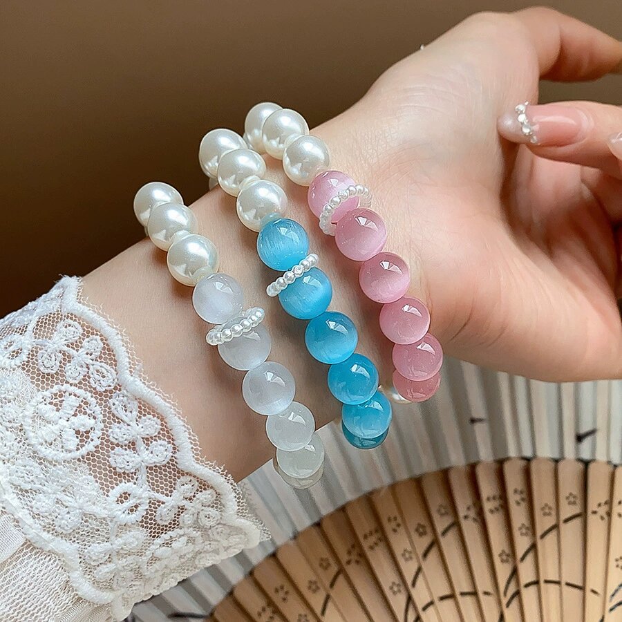 Wholesale Cat Eye Pearl Beaded Bracelet For Women Minimalist Summer Jewelry Accessory Gift Boutique Resale