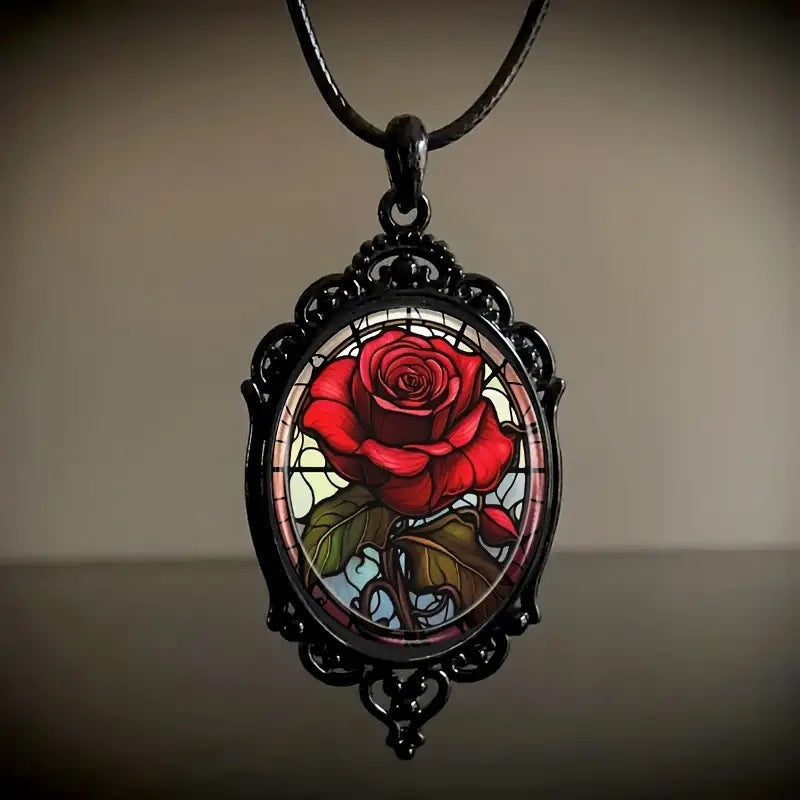 Wholesale Vintage Oval Glass Pendant Necklace with Red in Black Frame - Jewelry Accessory for Resale