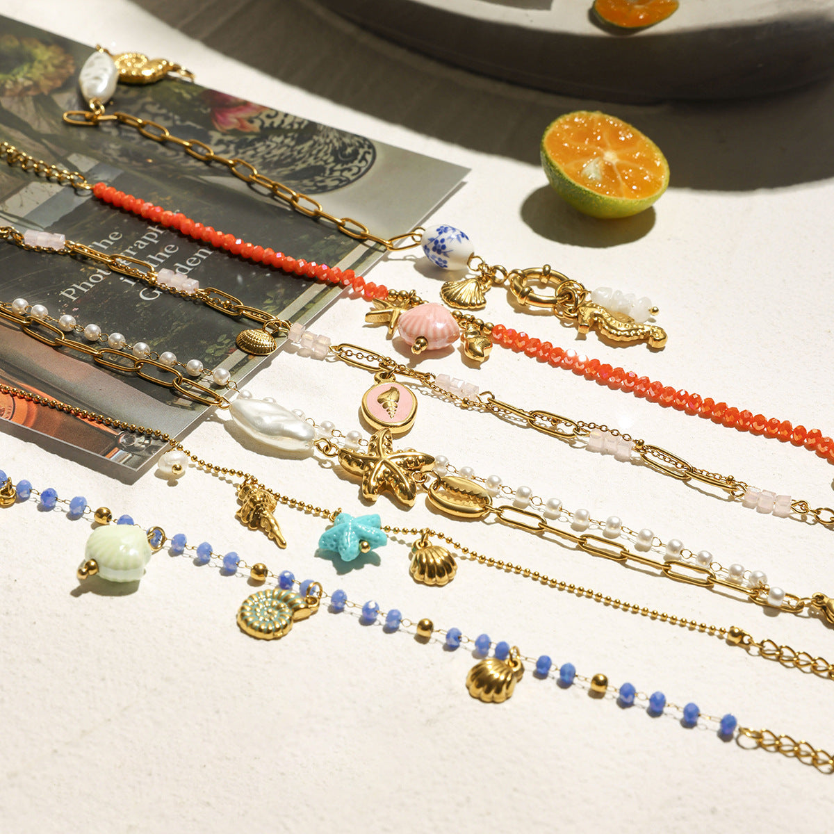 Wholesale  18K gold stainless steel pearl starfish conch rib shell pendant bracelet