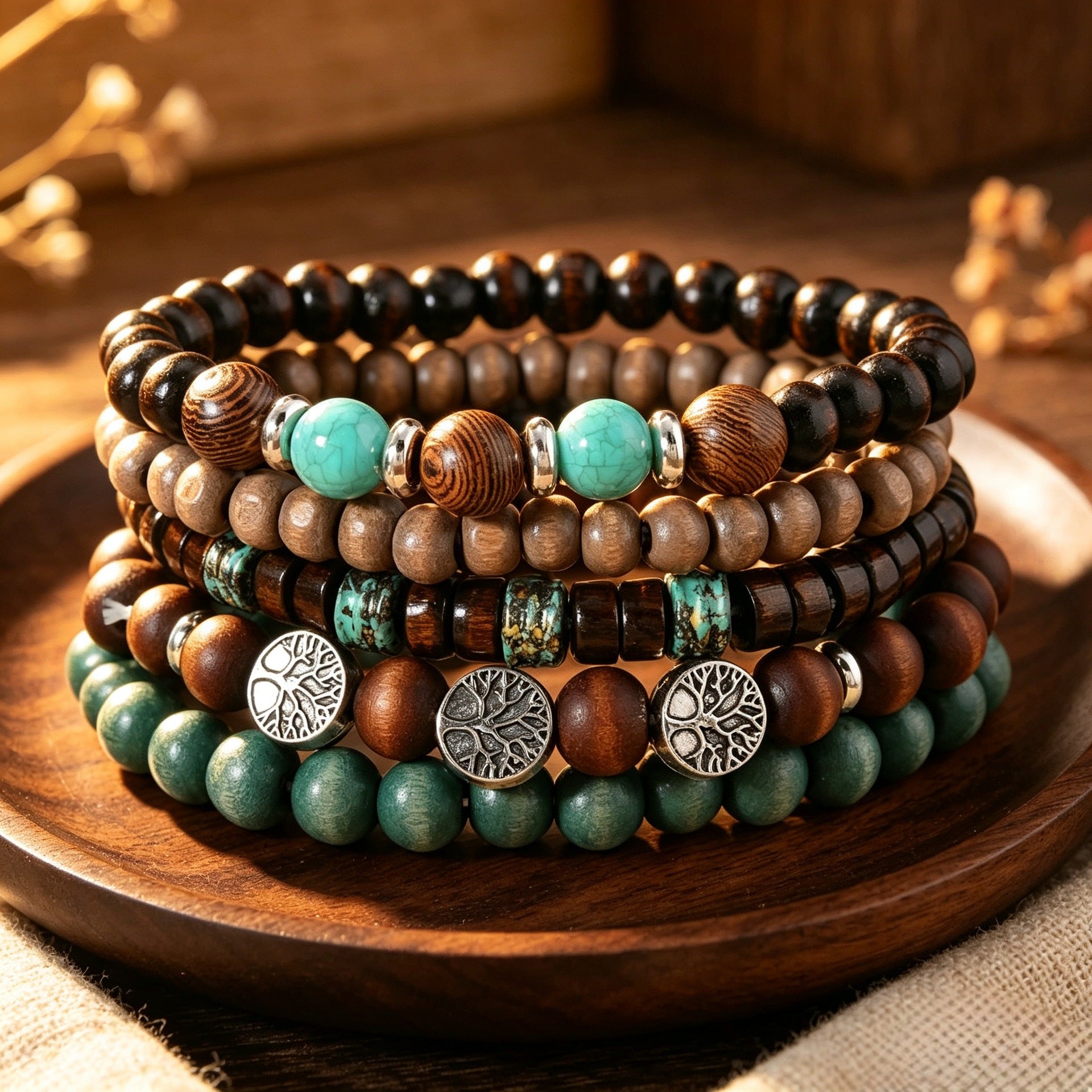 Wholesale 5 Piece Men S Tree Of Life Wood Bead Bracelet Set Elastic Fashion Jewelry Accessory For Boutique Resale Gift