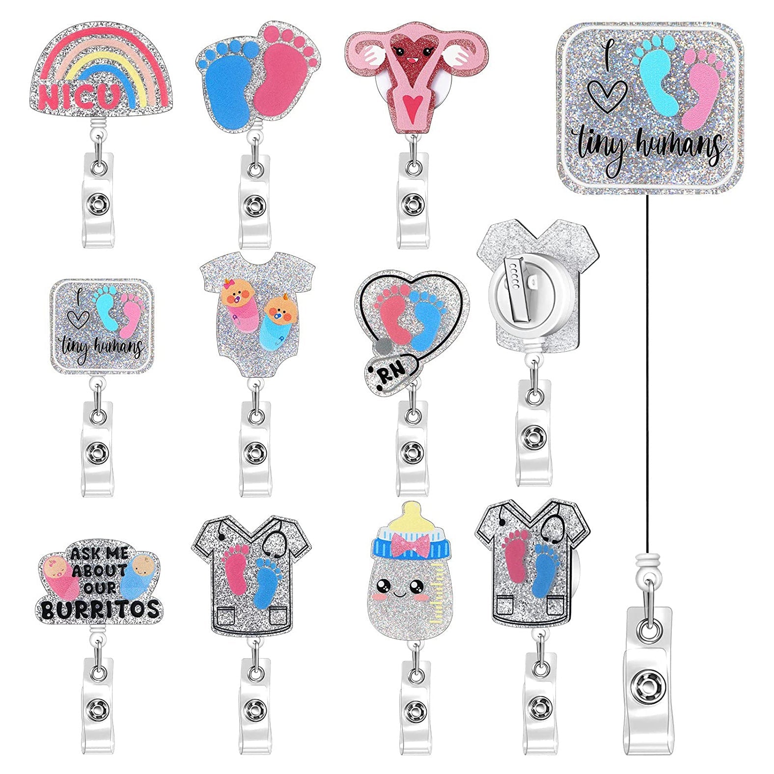 Wholesale Badge Reels Glitter Acrylic Baby Bottle Rainbow Retractable Keychain