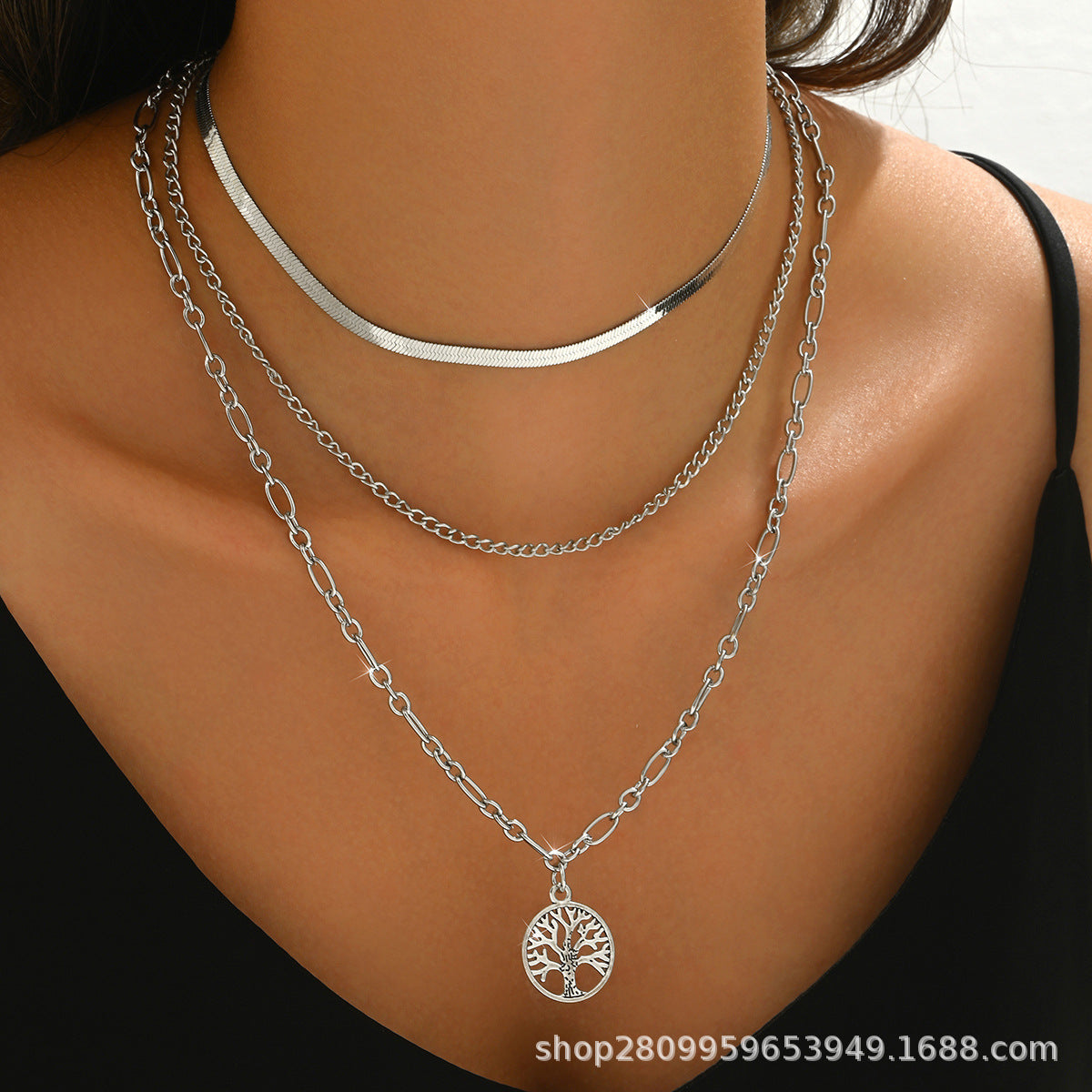 Wholesale European and American New Flat Snake Chain Necklace Multi-layer Chain Tree of Life Pendant Necklace Women Fashion Necklace Amazon