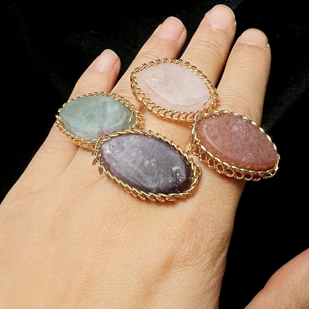 Wholesale  natural stone crystal self-healing handmade egg-shaped ring