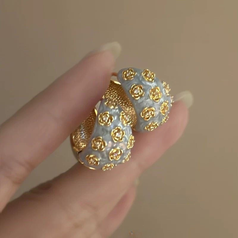 Wholesale Blue Retro Glaze Rose Flower Zircon Earrings